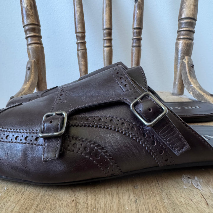 Prada SS2025 Ebony Shuffle Double Monk Strap Leather Mules