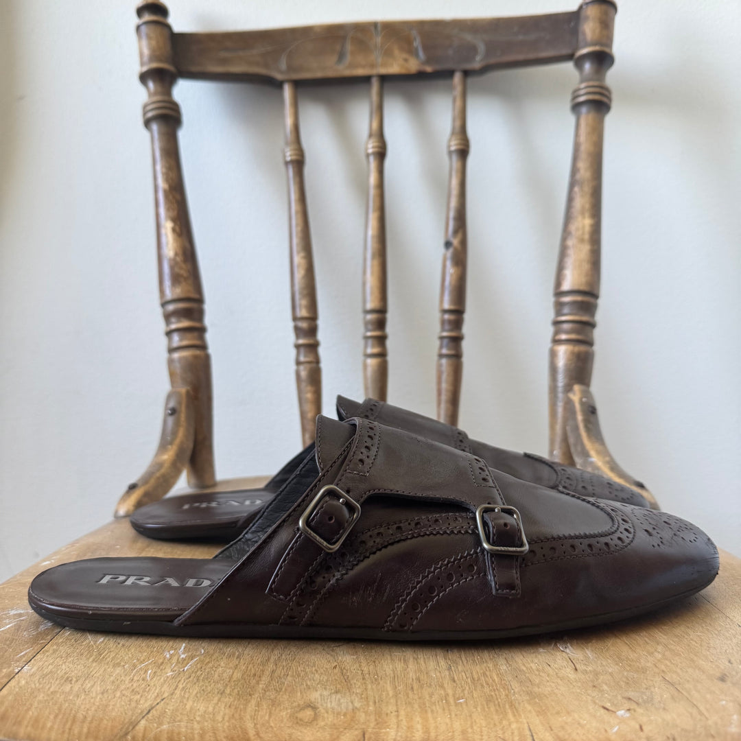 Prada SS2025 Ebony Shuffle Double Monk Strap Leather Mules