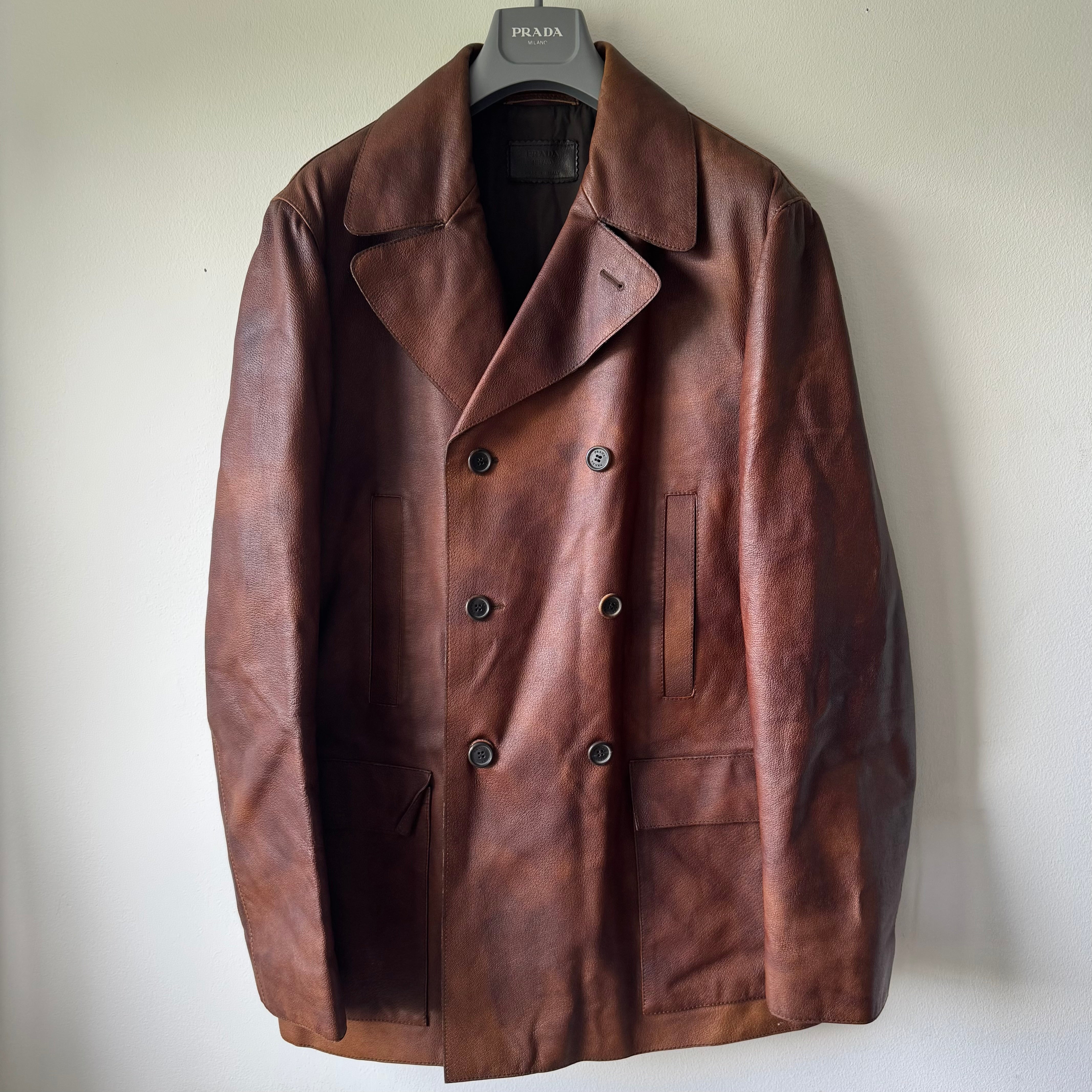 Prada 2000's Double Breasted Patina Leather Overcoat Jacket