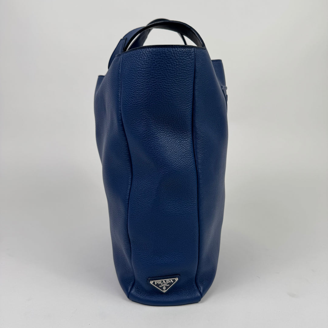 Prada Blue Triangle Logo Nappa Leather Large Tote Bag