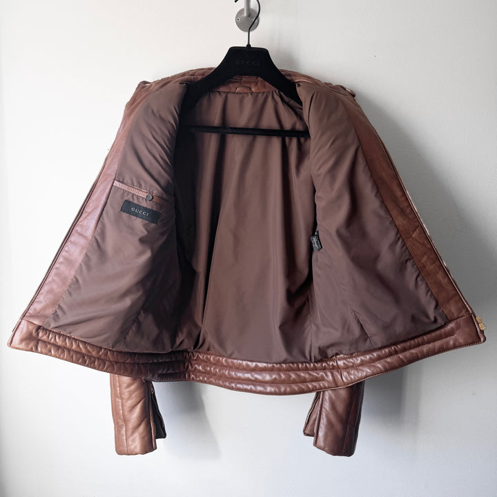 Gucci By Tom Ford FW2000 Brown Quilted Padded Moto Biker Leather Jacket