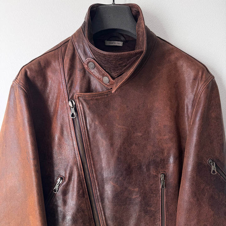 Emporio Armani 1980’s Brown Cracked Leather Perfecto Biker Jacket