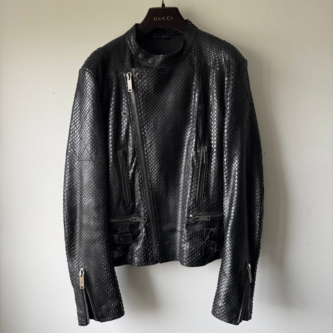 Gucci By Tom Ford 1990’s Black Python Snake Skin Leather Biker Moto Jacket