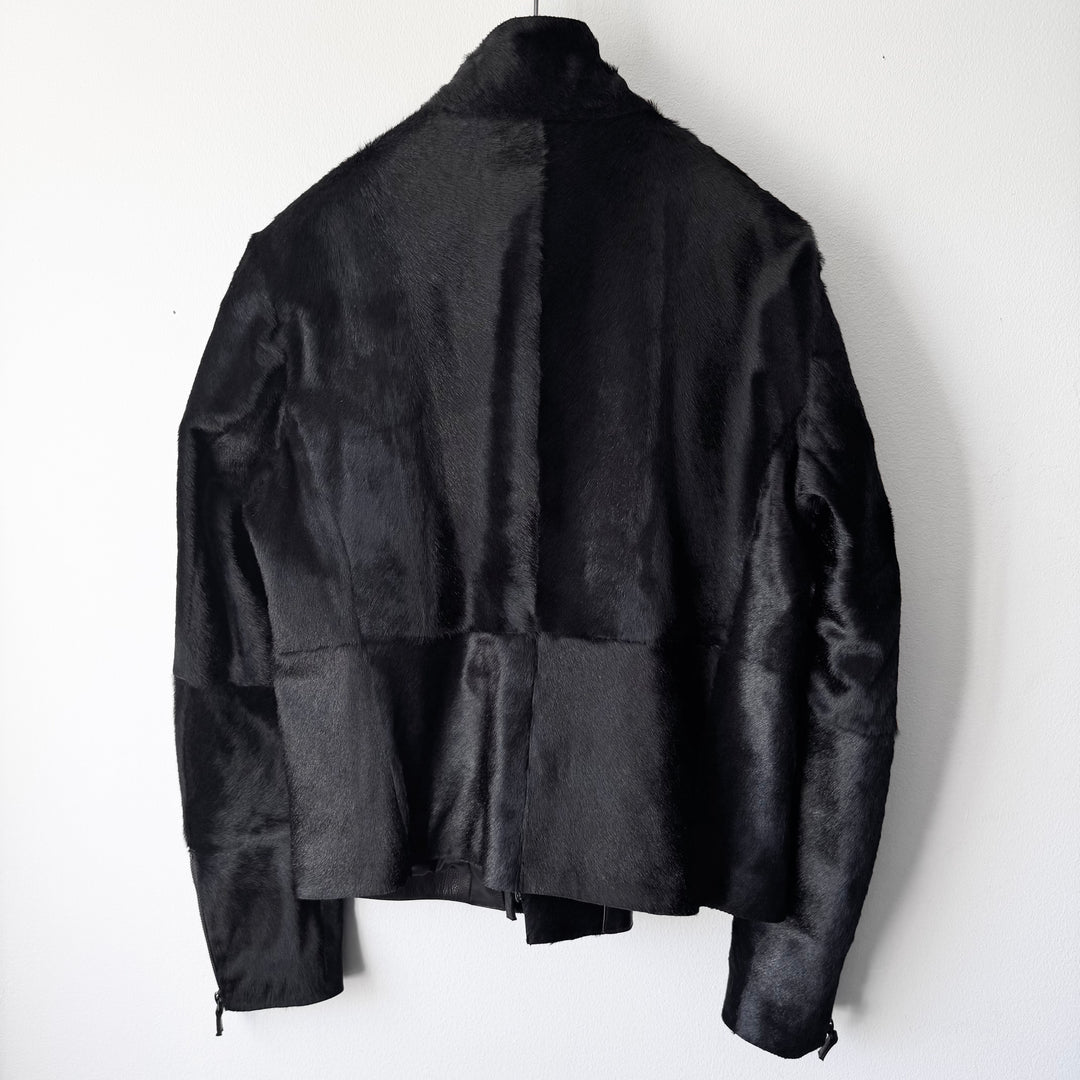 Emporio Armani AW2012 Black ”Pony Hair” Asymmetrical 2-Zip Calf Leather Jacket