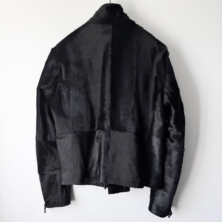 Emporio Armani AW2012 Black ”Pony Hair” Asymmetrical 2-Zip Calf Leather Jacket