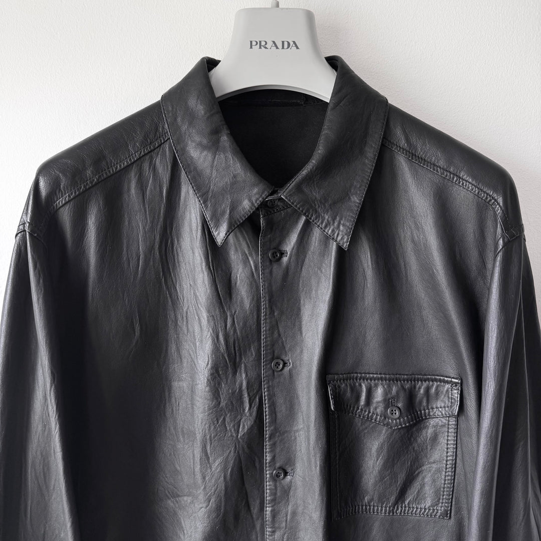 Prada 2000's Black Lamb Leather 1-Pocket Cropped Overshirt Jacket