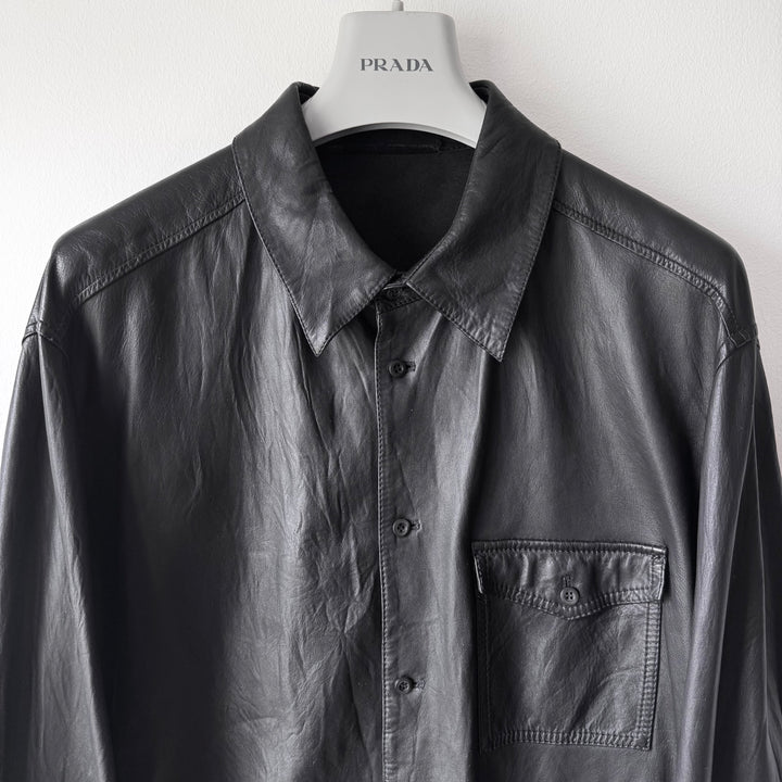 Prada 2000's Black Lamb Leather 1-Pocket Cropped Overshirt Jacket