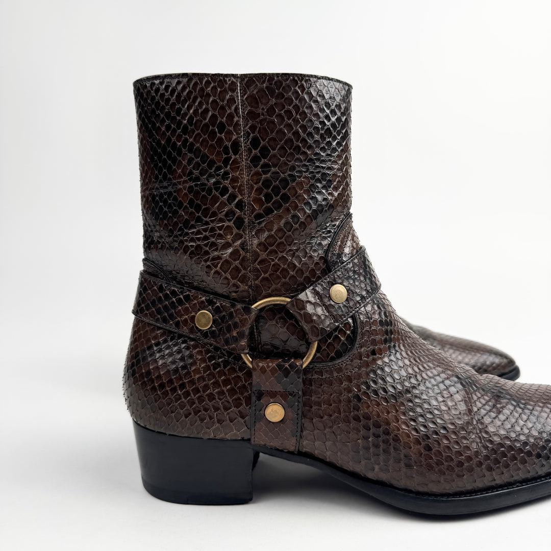 Saint Laurent By Hedi Slimane FW2016 Brown Python Leather Wyatt Harness Boots