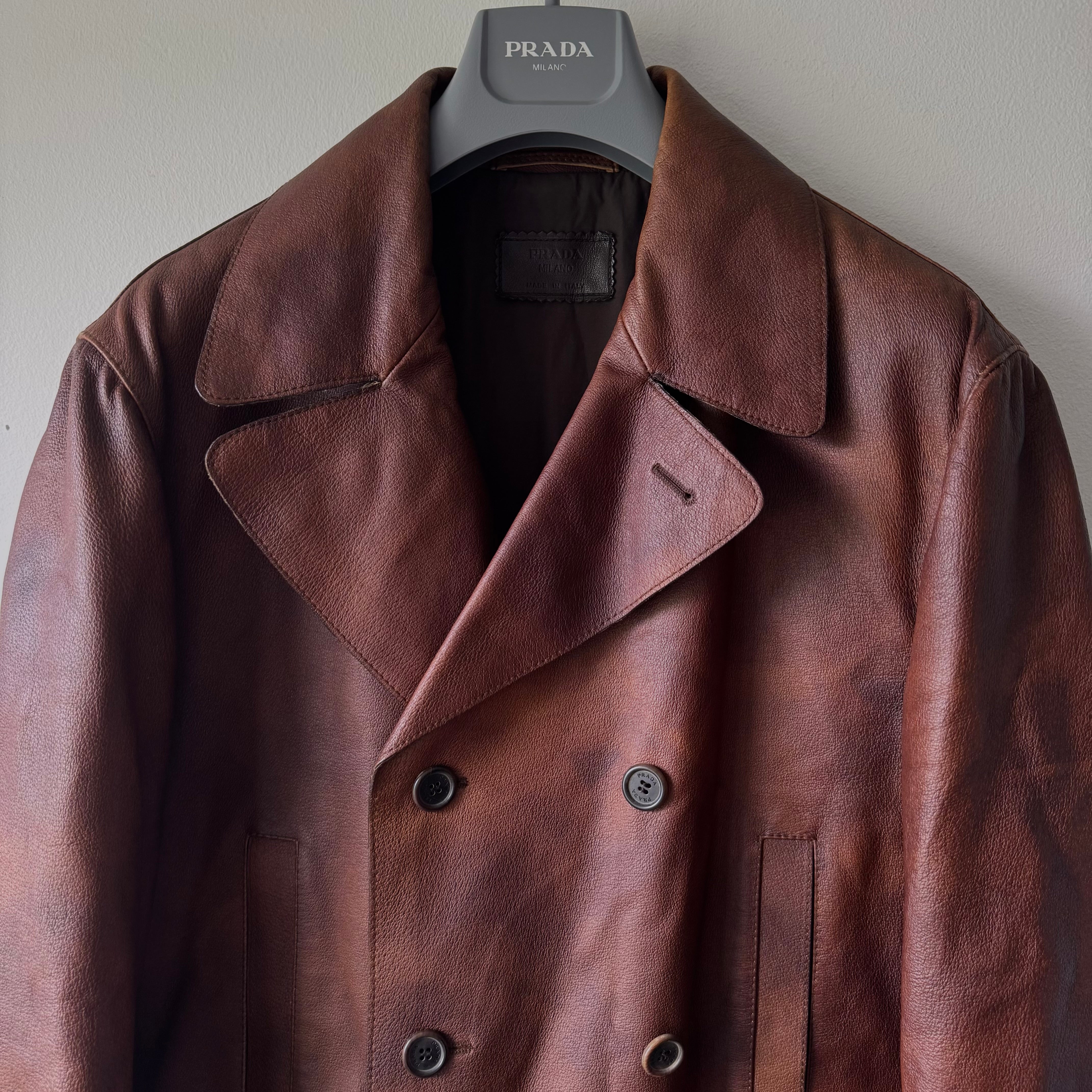 Prada 2000's Double Breasted Patina Leather Overcoat Jacket