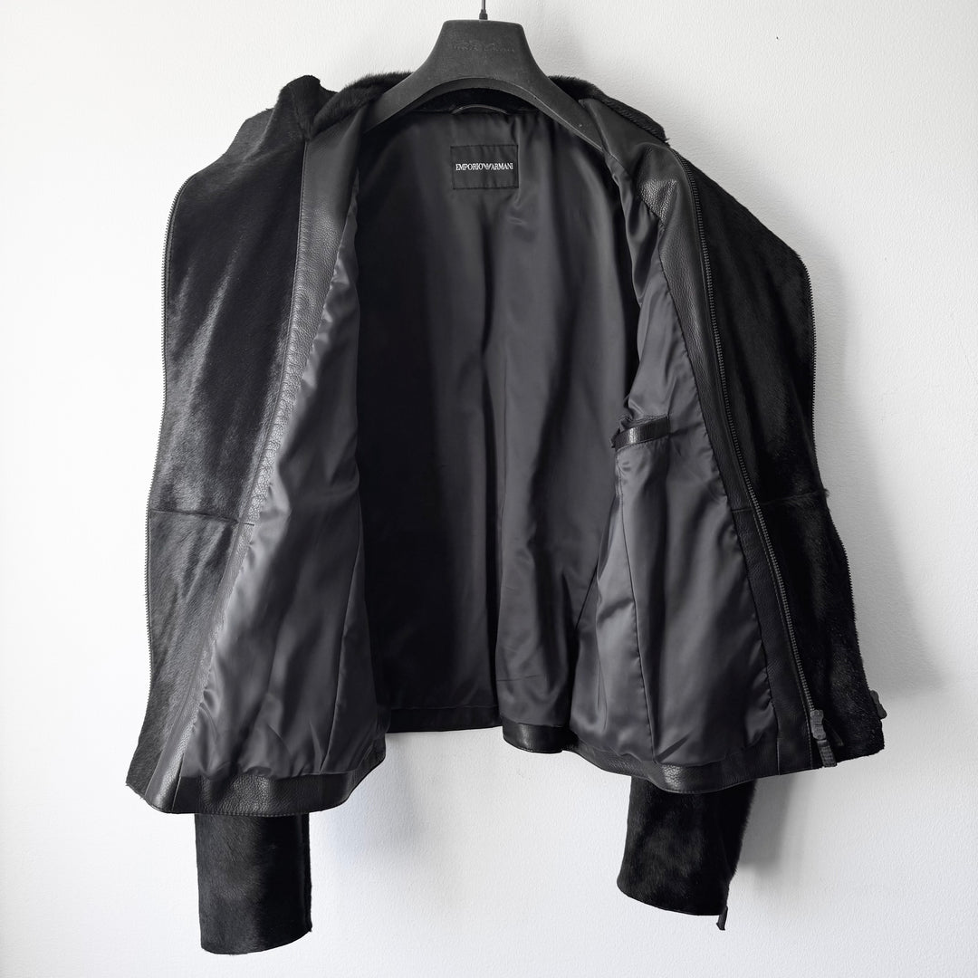 Emporio Armani AW2012 Black ”Pony Hair” Asymmetrical 2-Zip Calf Leather Jacket