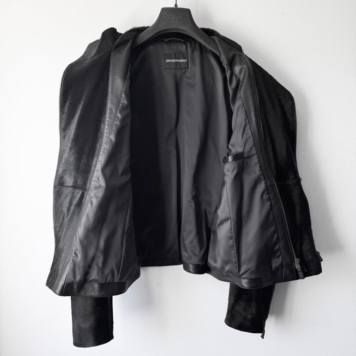 Emporio Armani AW2012 Black ”Pony Hair” Asymmetrical 2-Zip Calf Leather Jacket
