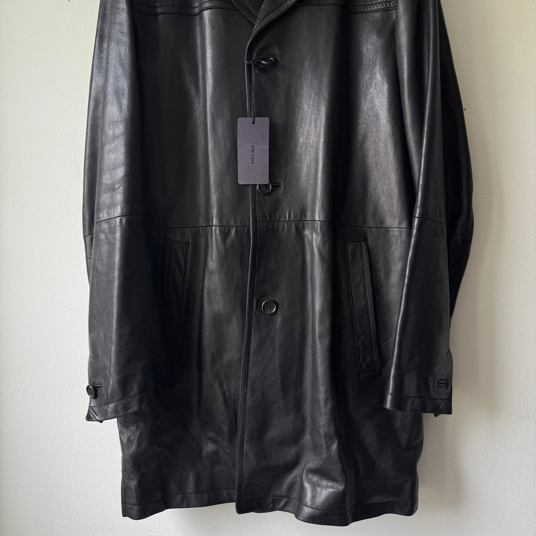 Prada FW2006 Black Lined Button-Up Leather Overcoat Jacket