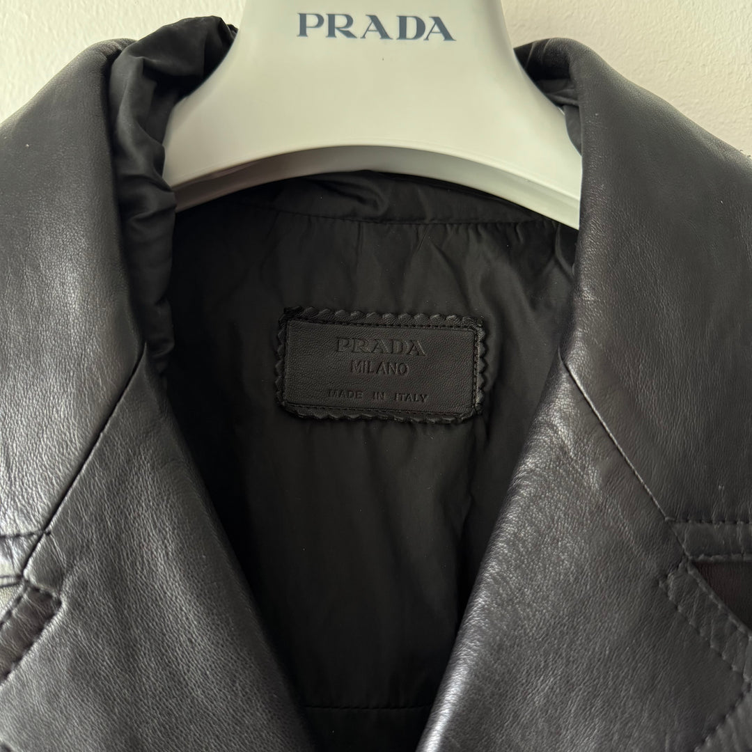 Prada FW2006 Black Lined Button-Up Leather Overcoat Jacket