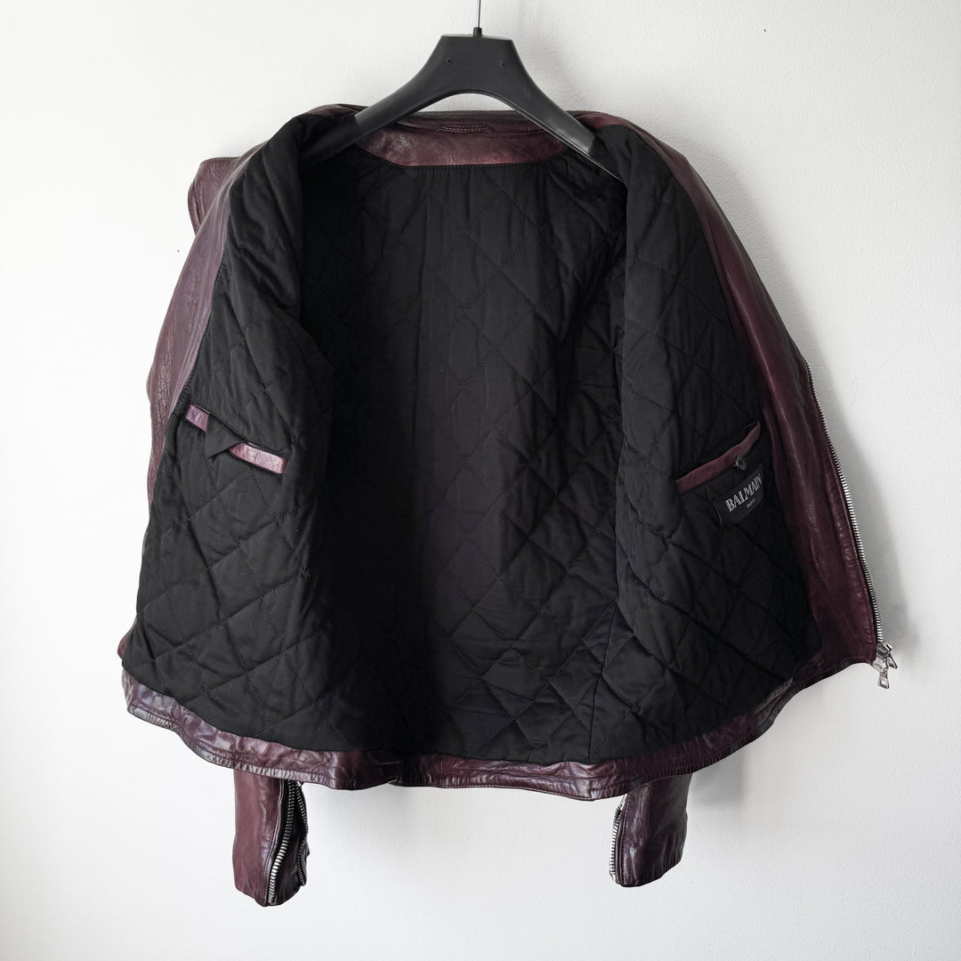 Balmain FW2013 Oxblood Vintage Treated Lamb Leather Double Zip Perfecto Biker Jacket