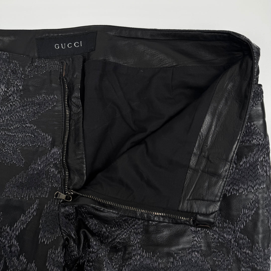 Gucci By Tom Ford SS2000 Black Embroidered Flared Bootcut Leather Pants