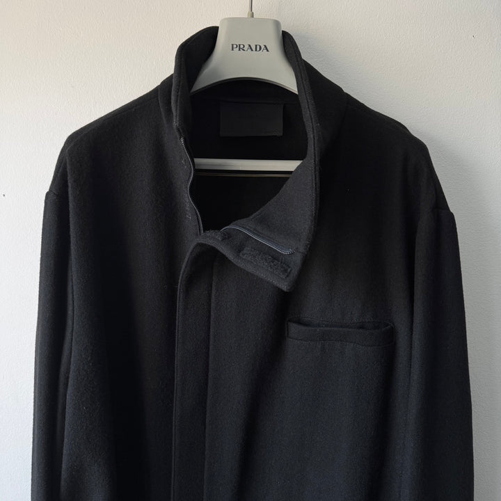 Prada FW1998 Black Asymmetrical Funnel Neck Wool Coat