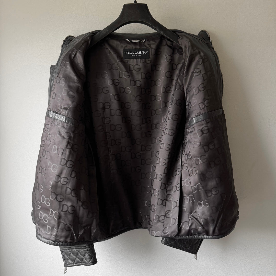 Dolce & Gabbana FW2007 Charcoal Quilted Padded Lamb Leather Café Racer Jacket