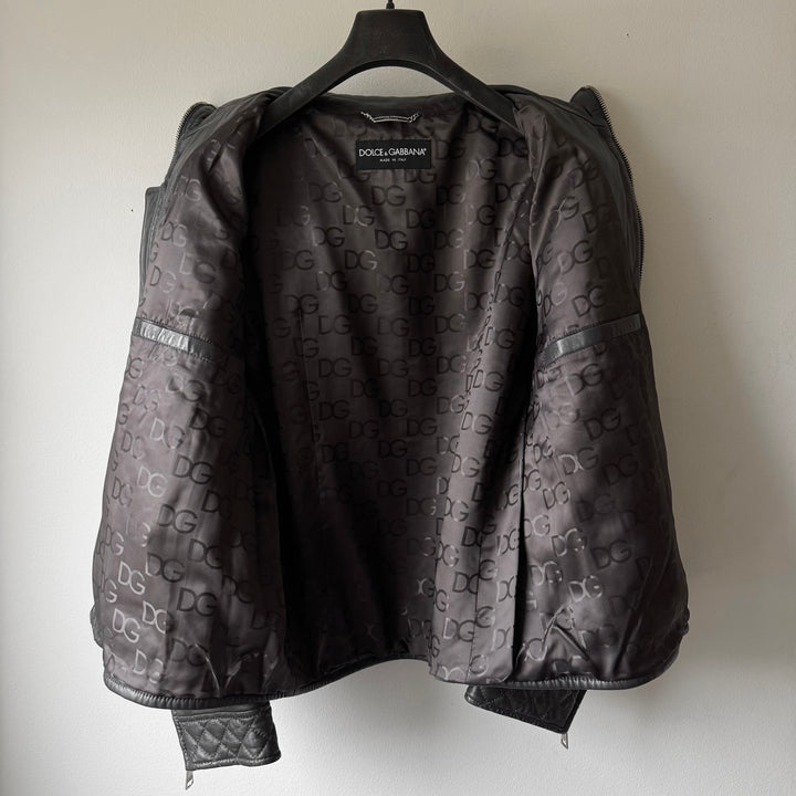 Dolce & Gabbana FW2007 Charcoal Quilted Padded Lamb Leather Café Racer Jacket