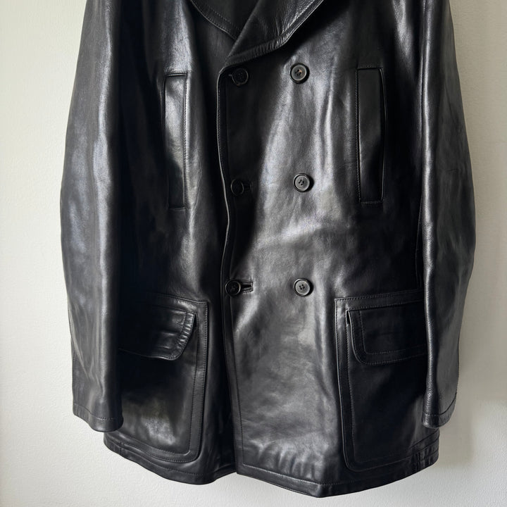 Prada 1990's Black Calf Leather 4-Pocket Double Breasted Peacoat Jacket