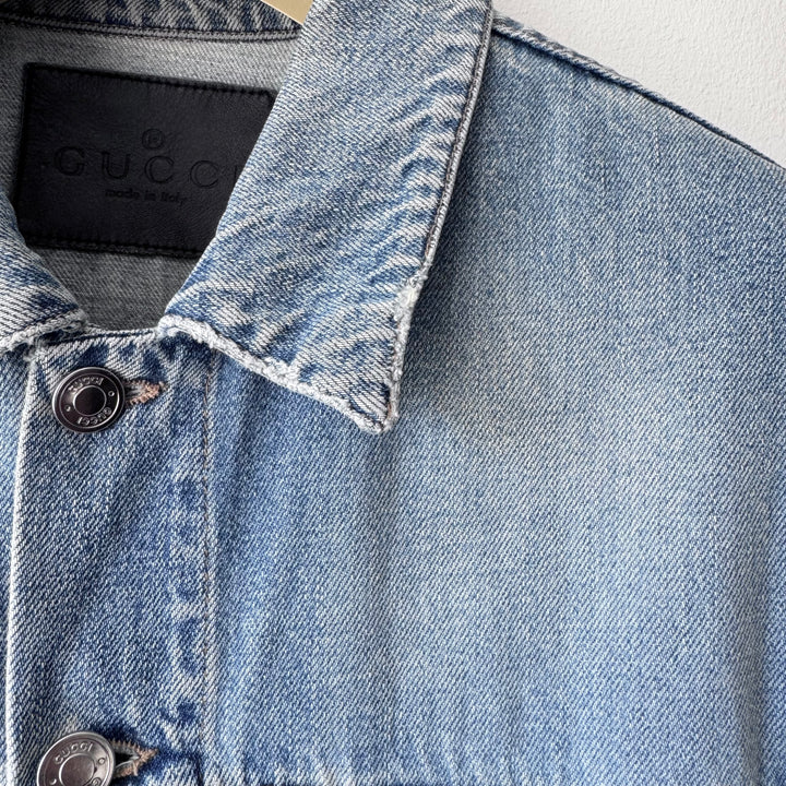 Gucci By Tom Ford 2000’s Light Blue Washed Distressed Denim Trucker Jacket