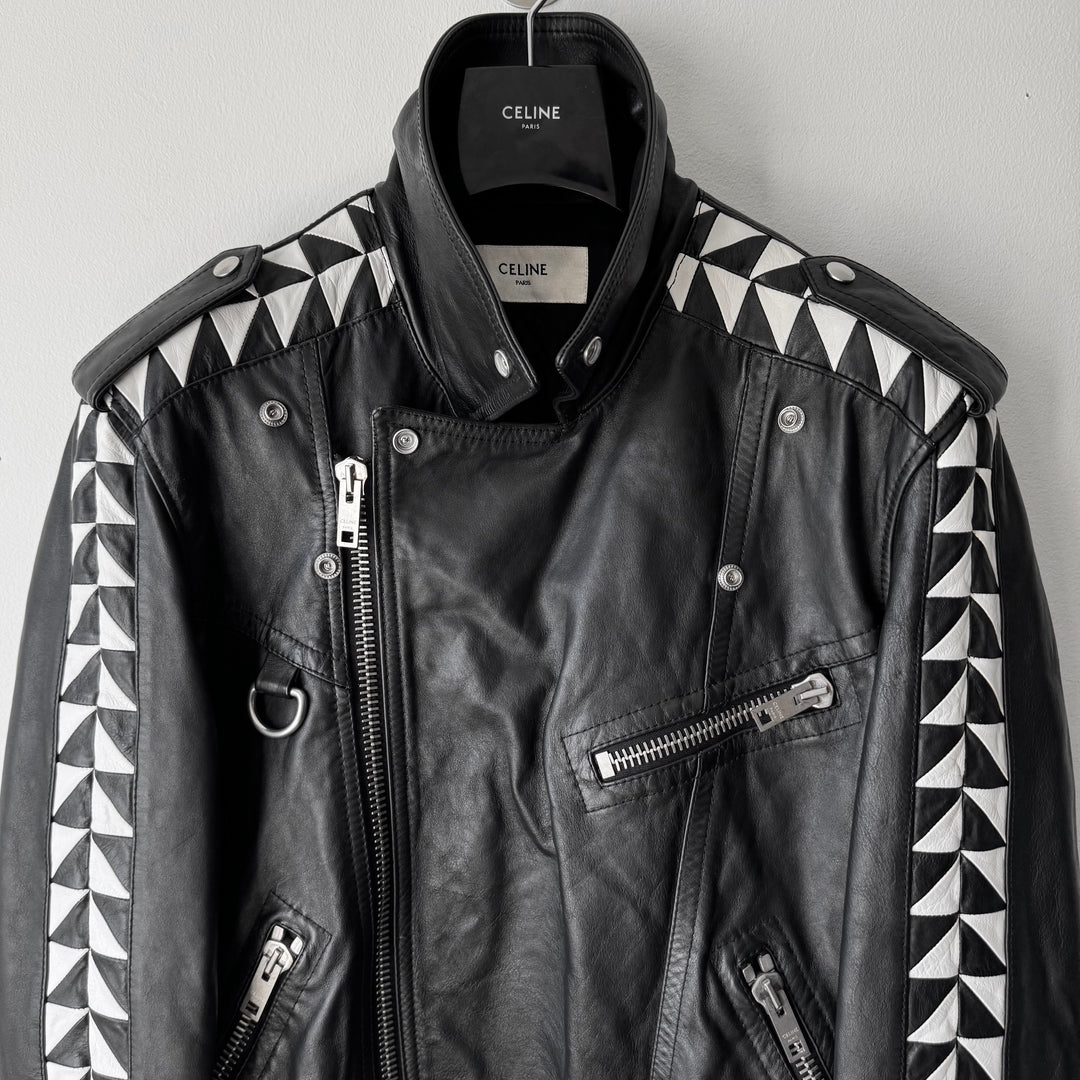 Celine SS2022 Black/White Checkered Calf Leather D-Ring Perfecto Biker Jacket