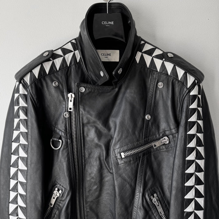 Celine SS2022 Black/White Checkered Calf Leather D-Ring Perfecto Biker Jacket