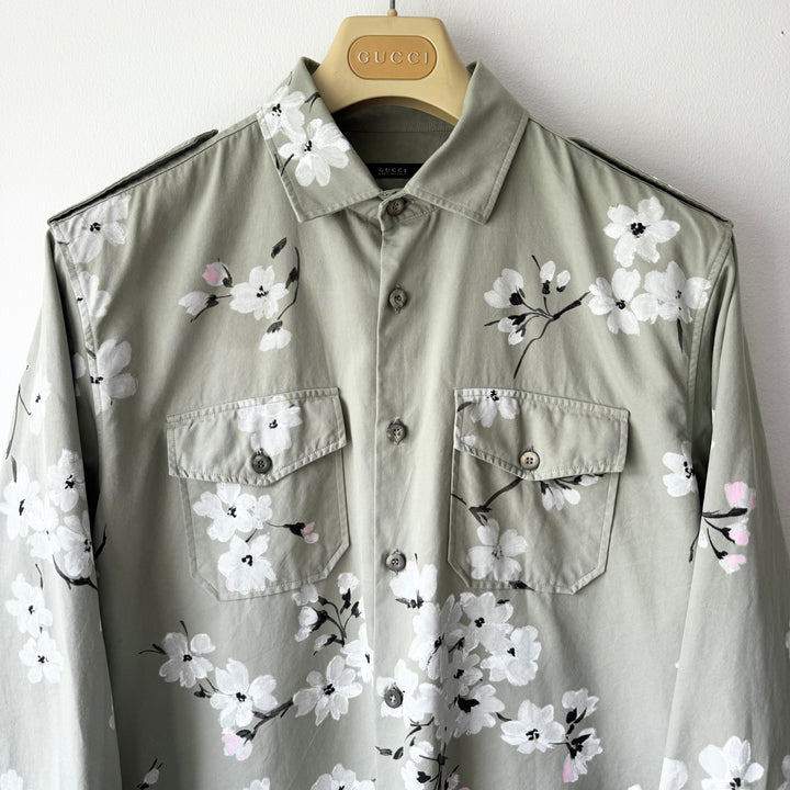 Gucci By Tom Ford SS2003 Cotton Hand Painted Floral Cherry Blossom Military Shirt