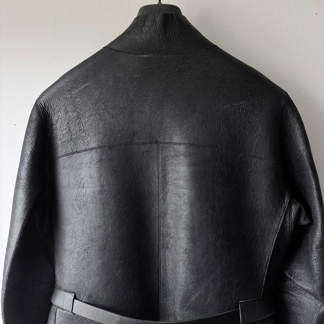Rick Owens FW2010 Black Neoprene Padded Blistered Lamb Leather Belted Jacket Coat