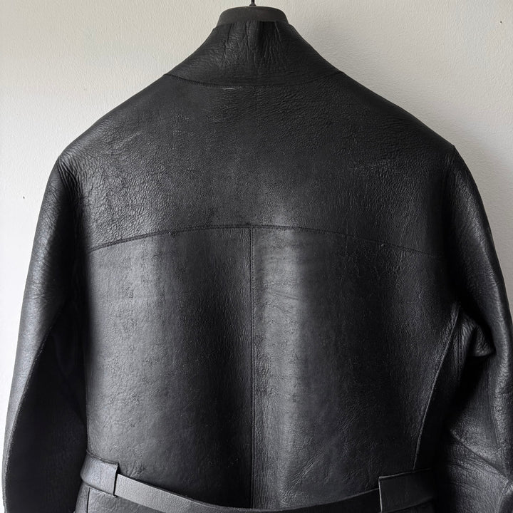 Rick Owens FW2010 Black Neoprene Padded Blistered Lamb Leather Belted Jacket Coat