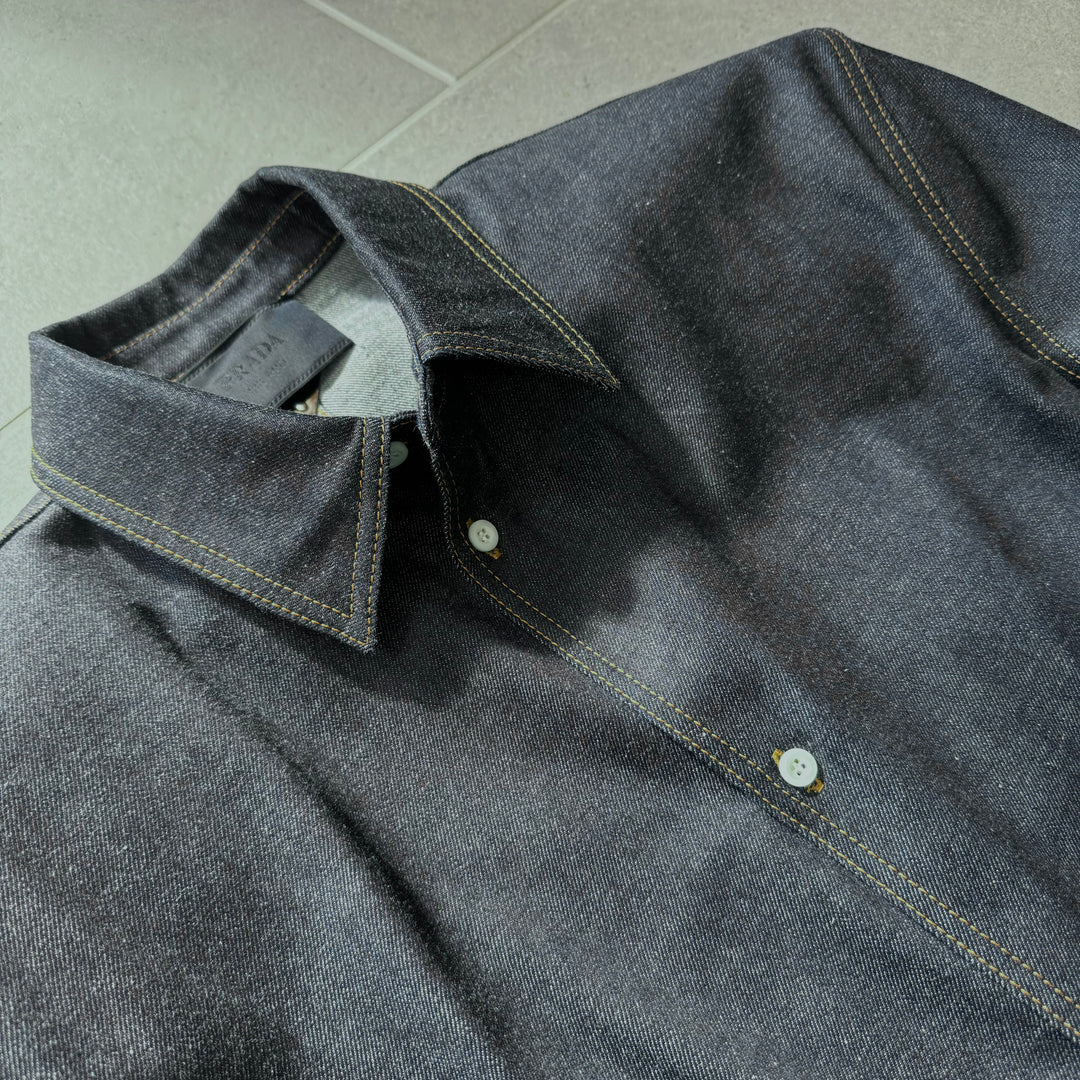 Prada SS24 Runway Padded Shoulder Indigo Logo Denim Jacket