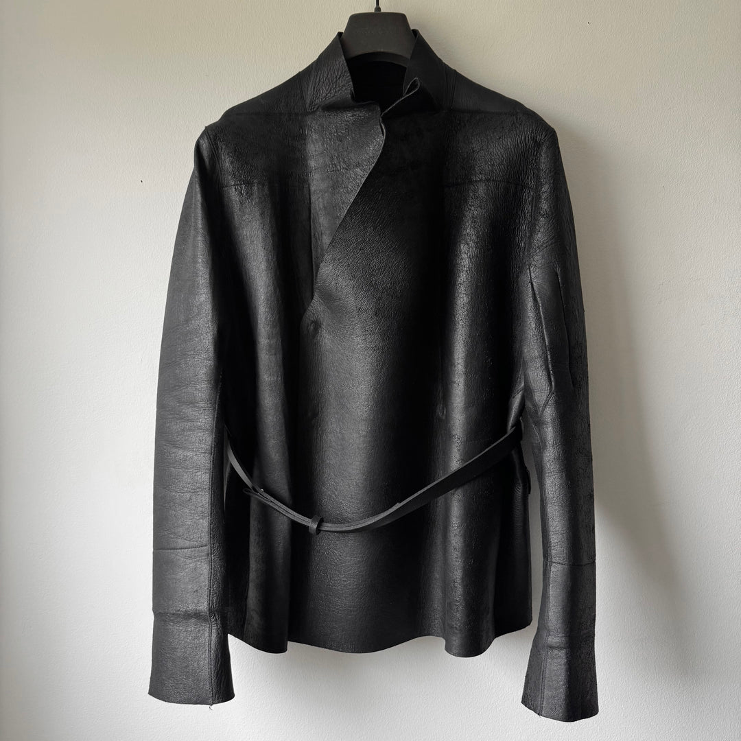 Rick Owens FW2010 Black Neoprene Padded Blistered Lamb Leather Belted Jacket Coat