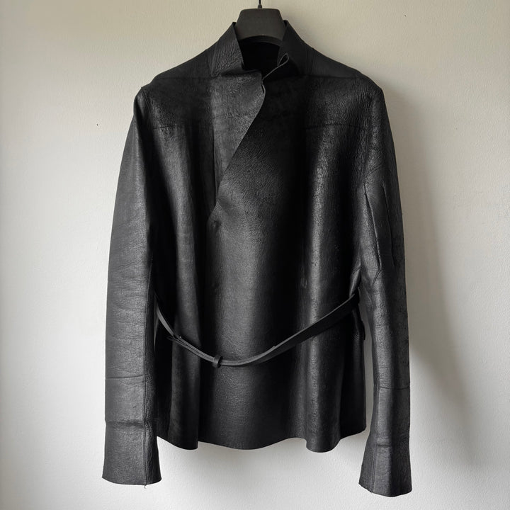Rick Owens FW2010 Black Neoprene Padded Blistered Lamb Leather Belted Jacket Coat