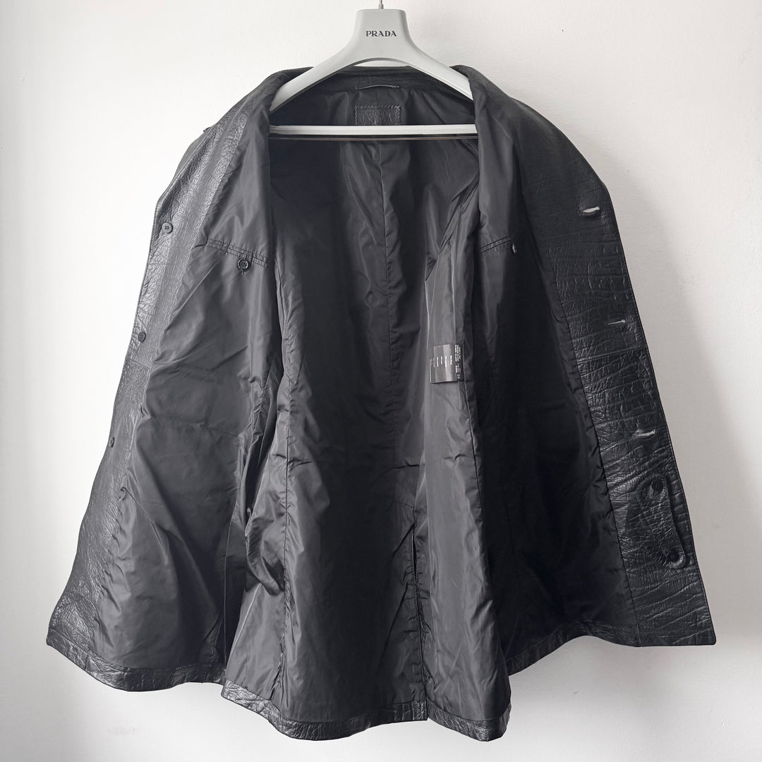 Prada FW2003 Black Textured ”Crocodile” Embossed Leather Coat