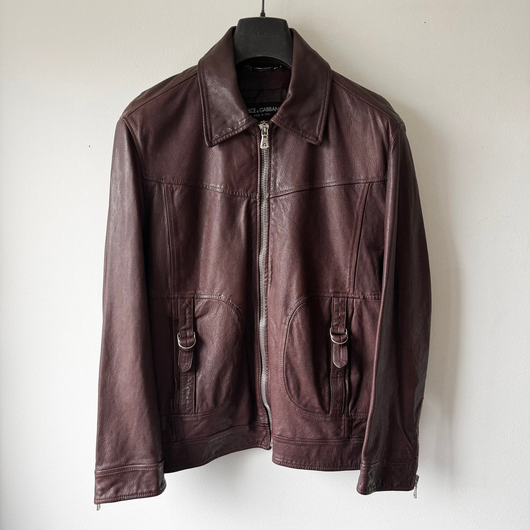 Dolce & Gabbana SS2006 Bordeaux/Brown Glossy Goat Leather Zip-Up Blouson Jacket