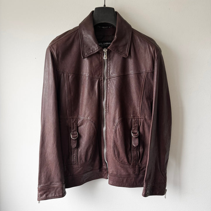 Dolce & Gabbana SS2006 Bordeaux/Brown Glossy Goat Leather Zip-Up Blouson Jacket