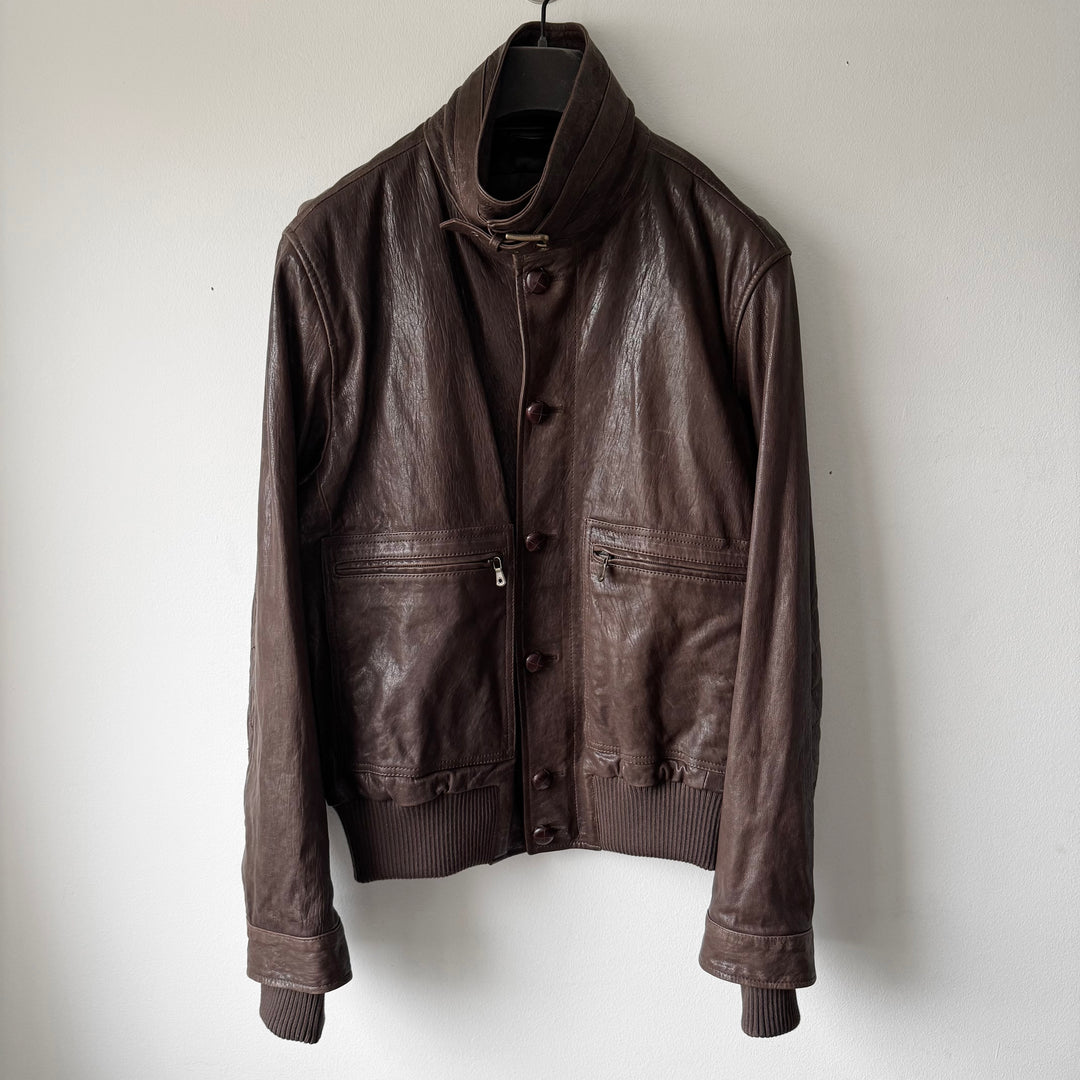 Dolce & Gabbana FW2005 Brown/Black Double Layered Military Bomber Lamb Leather Jacket