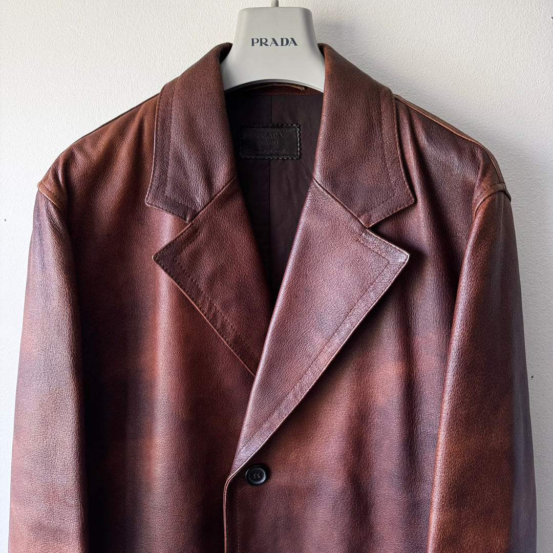 Prada 2000’s Brown Patina Leather Long Overcoat Jacket