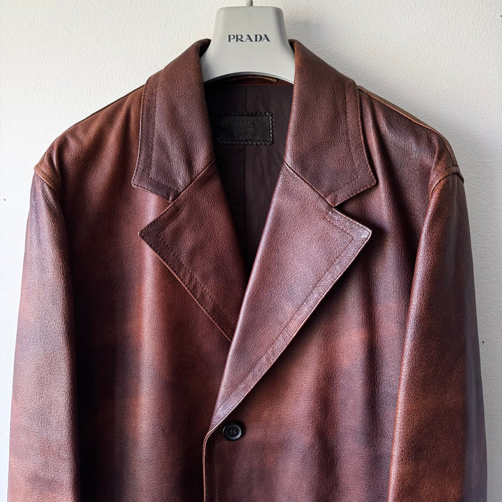 Prada 2000’s Brown Patina Leather Long Overcoat Jacket
