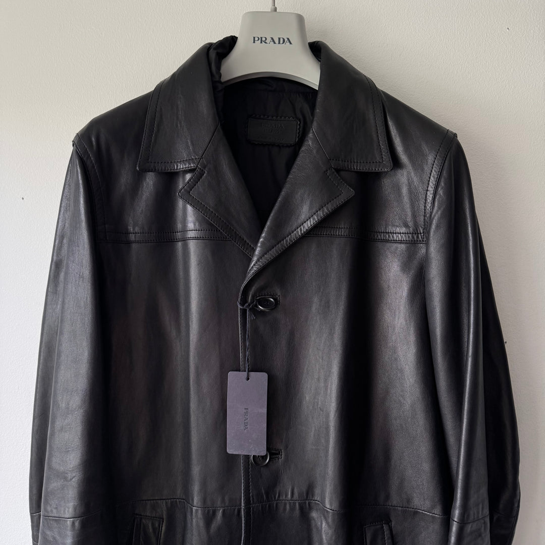Prada FW2006 Black Lined Button-Up Leather Overcoat Jacket