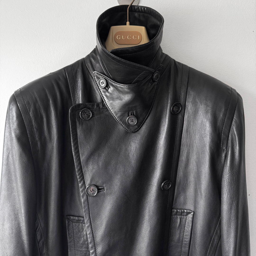 Gucci By Tom Ford FW1996 Black Double Breasted Wool Lined Lamb Leather Peacoat