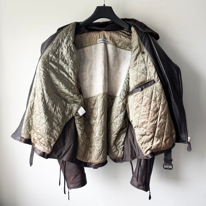 Emporio Armani 1990s Brown Fur Collar Perfecto Biker Jacket