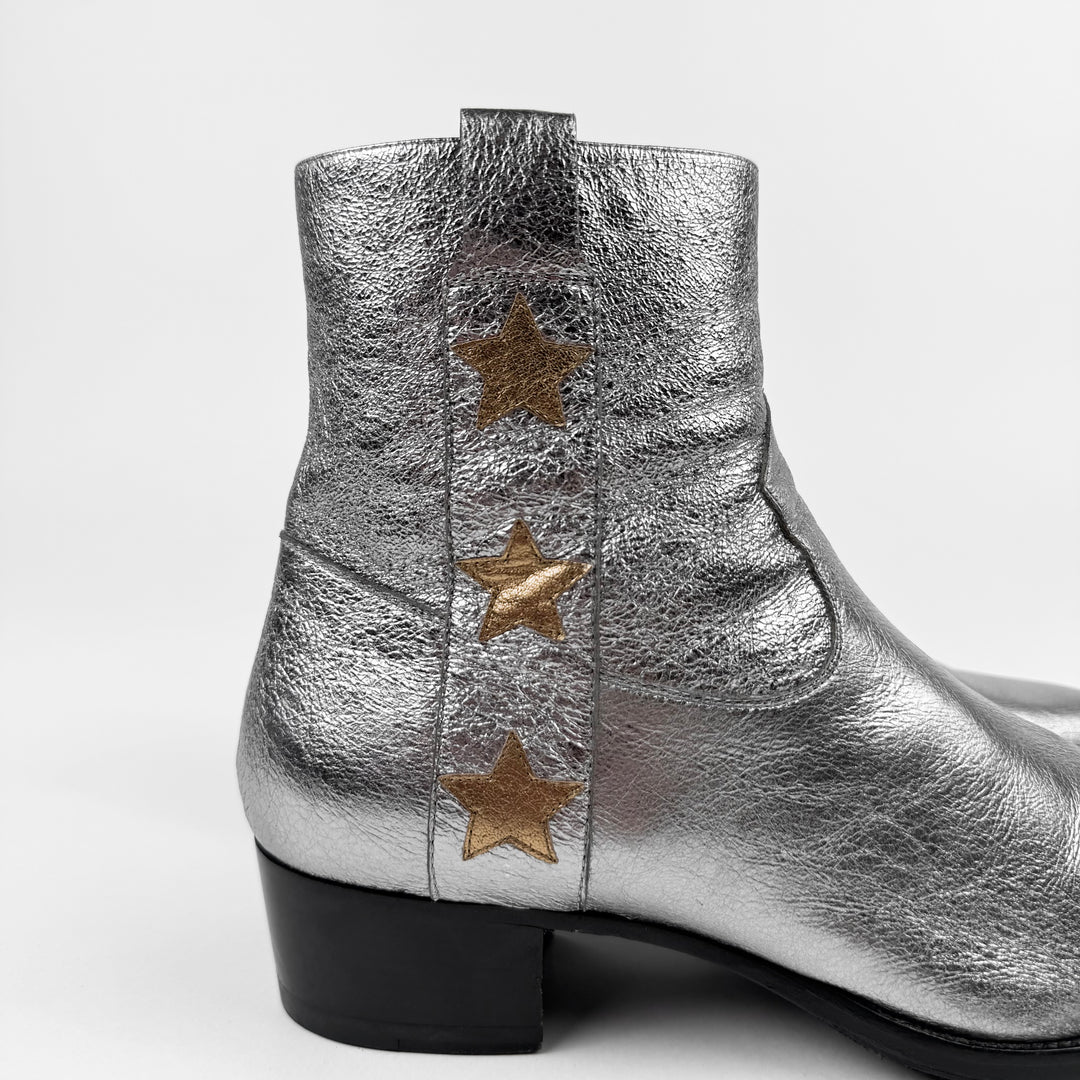 Saint Laurent SS2015 Psych Rock Metallic Silver/Gold Star Wyatt Boots