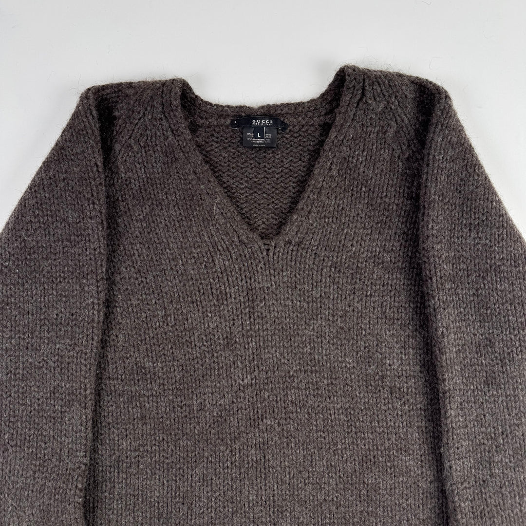 Gucci By Tom Ford 1990’s Brown Alpaca/Wool Chunky Knit V-Neck Pullover