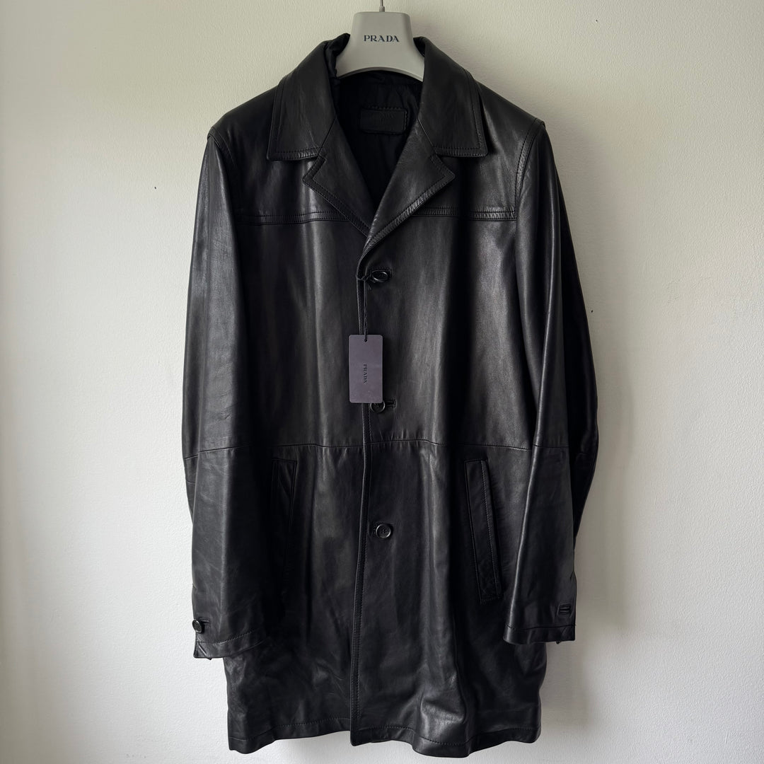 Prada FW2006 Black Lined Button-Up Leather Overcoat Jacket