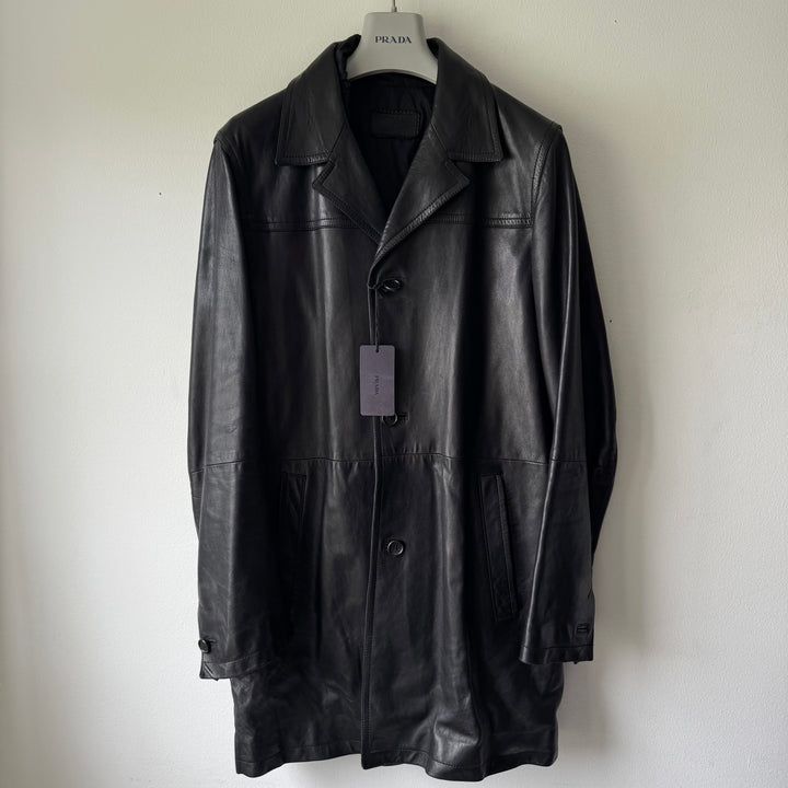 Prada FW2006 Black Lined Button-Up Leather Overcoat Jacket
