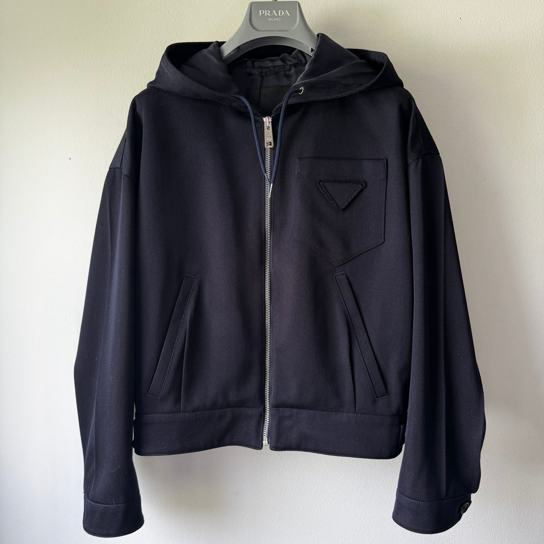 Prada Dark Navy Cropped Wool Hooded Jacket