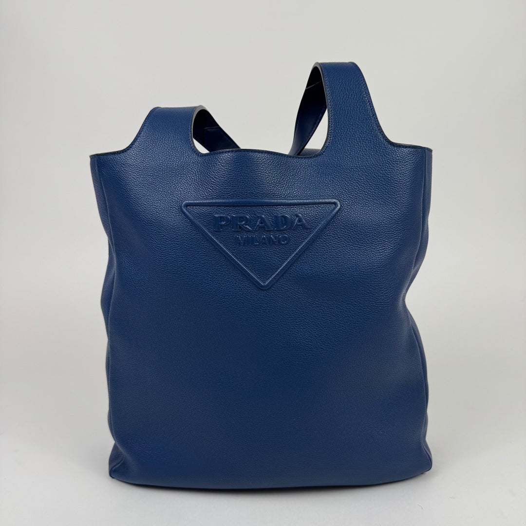 Prada Blue Triangle Logo Nappa Leather Large Tote Bag