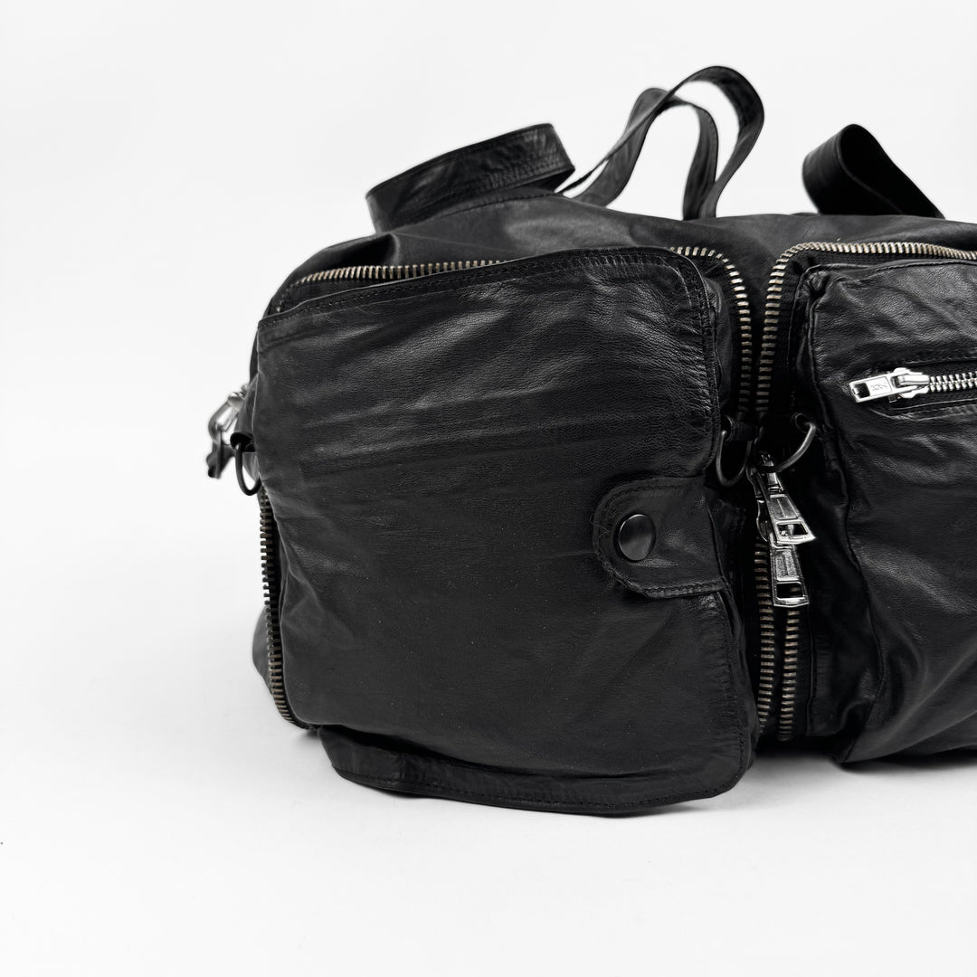 Ann Demeulemeester 2000’s Black Leather Multi-Zip Compartment Crossbody Duffle Bag
