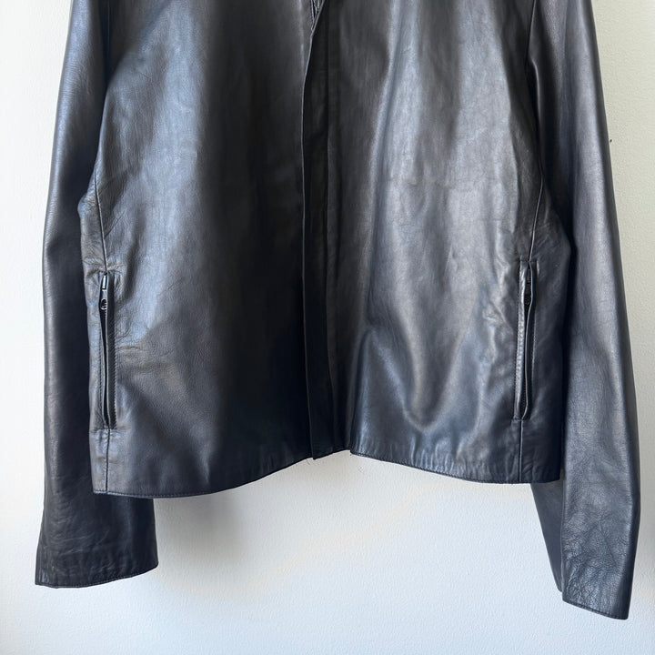 Emporio Armani 1980’s Navy Collarless Cropped Lamb Leather Jacket