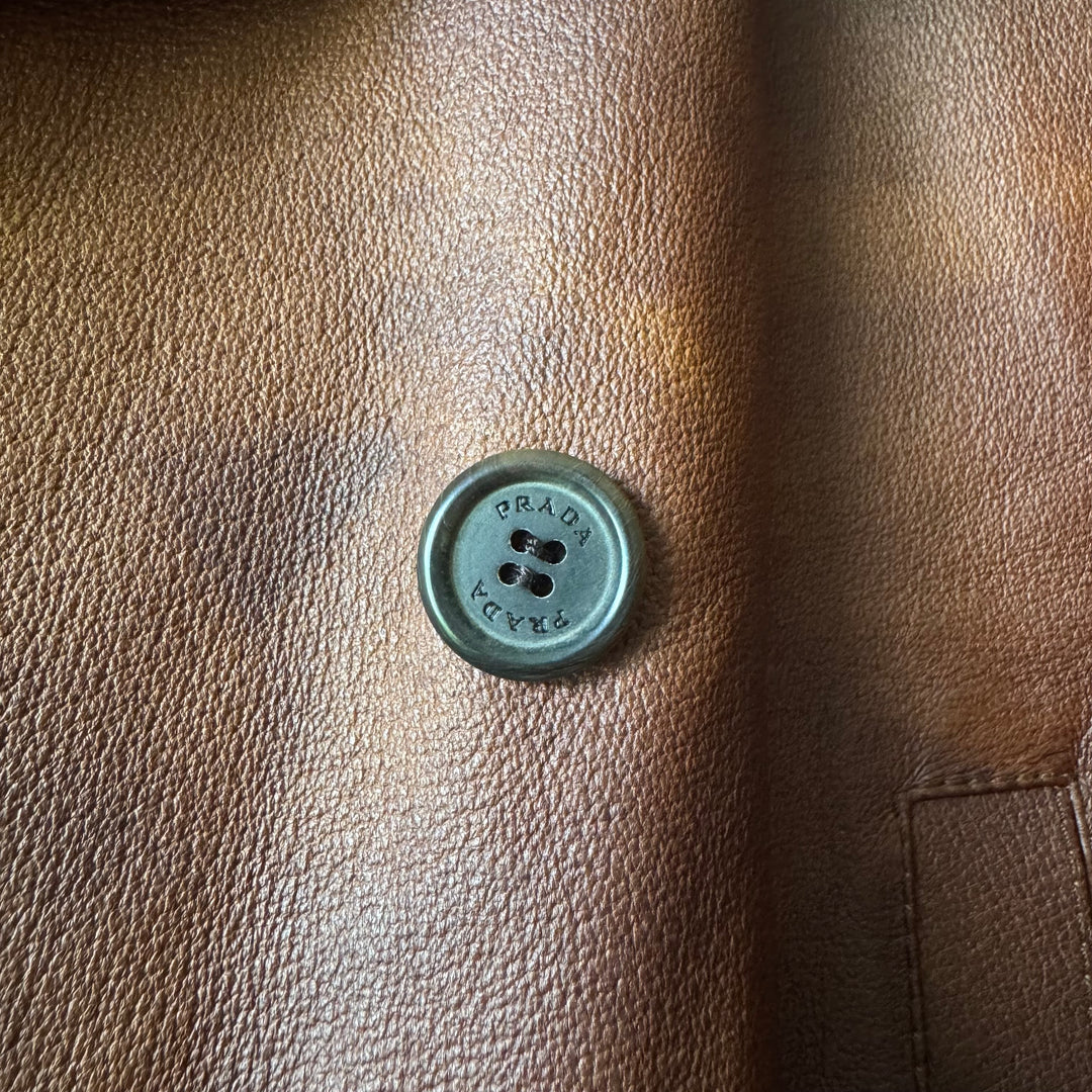 Prada 2000’s Double Breasted Patina Leather Overcoat Jacket